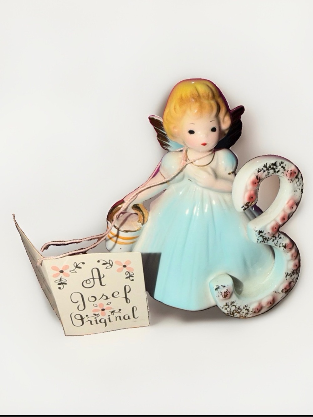 Vintage Josef Original Porcelain Angel Figurine in Light Blue w/ Floral Number 3